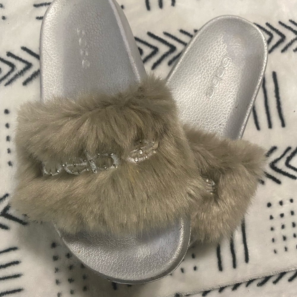 Gray Bebe Fur Slides